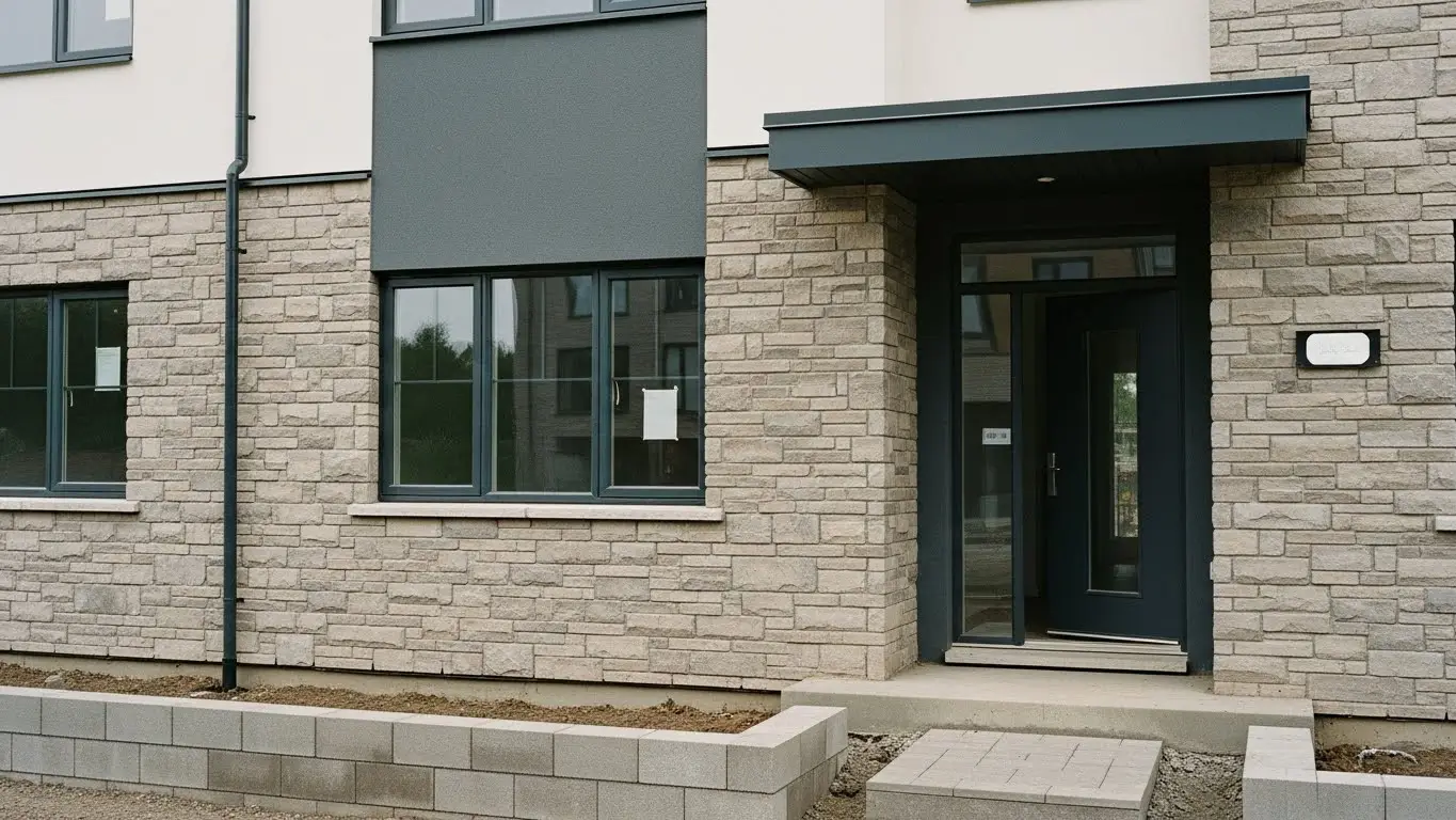 Stone veneer facade and block site walls on a new multi-unit commercial build