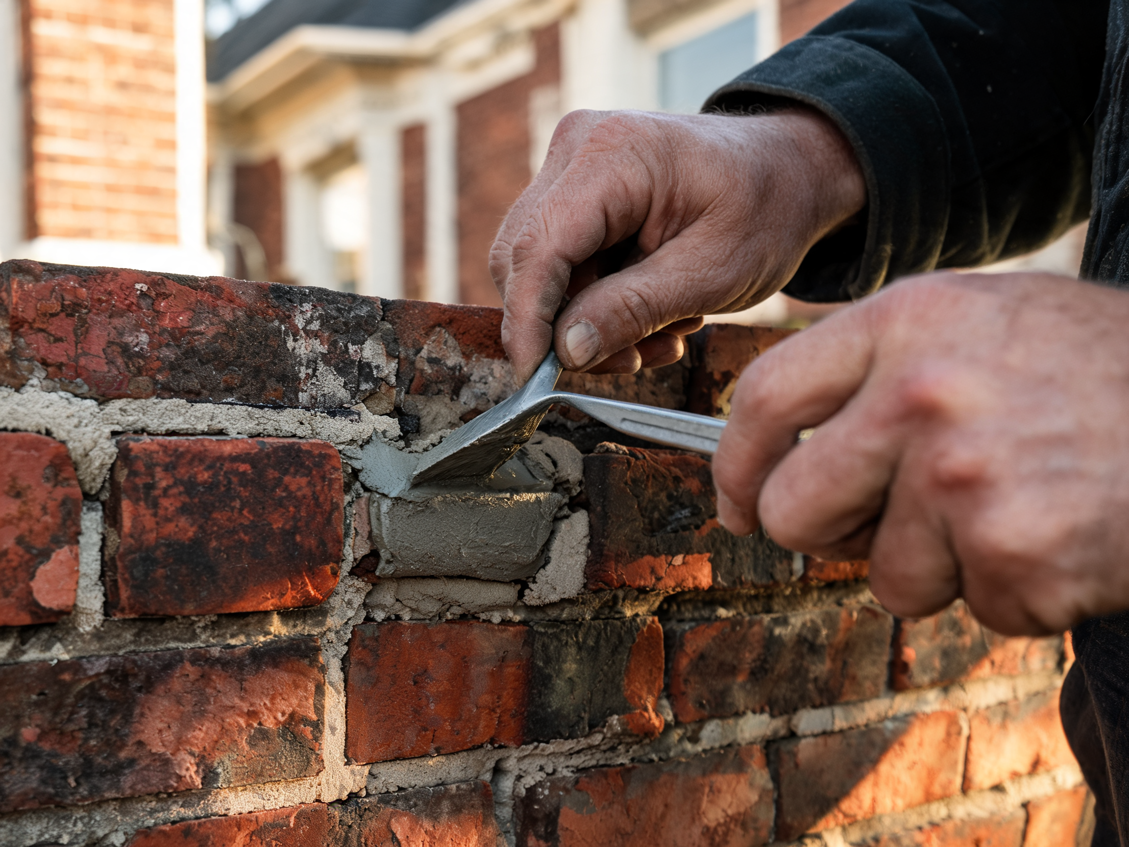 Repointed brick facade on a Fairfield County Connecticut home with fresh matched mortar joints