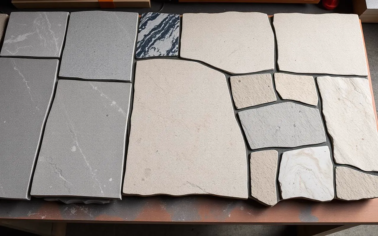 Natural patio stone samples — bluestone, granite, travertine, and flagstone