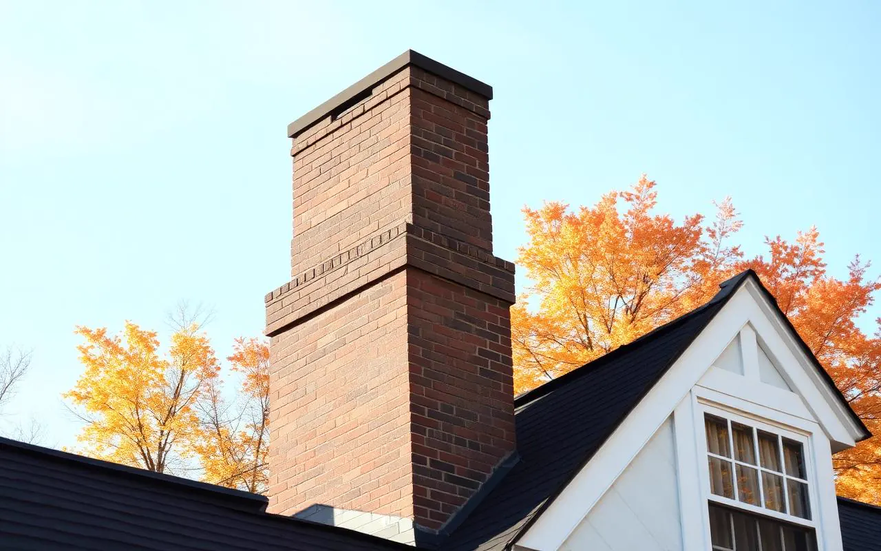 Brick chimney on a Connecticut colonial home with autumn foliage