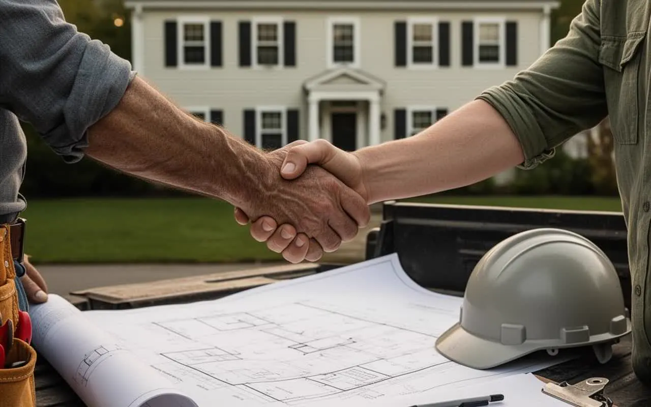 A mason and a homeowner shaking hands over project plans on a truck tailgate outside a Connecticut Colonial home