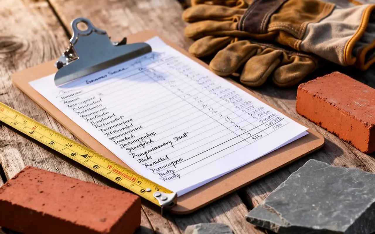 Clipboard with an itemized masonry estimate, tape measure, work gloves, brick, and bluestone samples on weathered wood