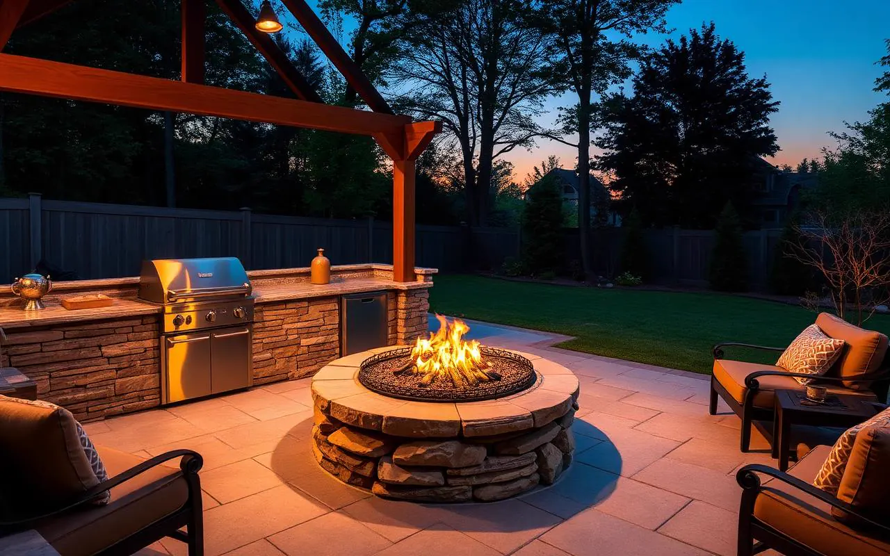 Outdoor living space with stone outdoor kitchen and fire pit at dusk