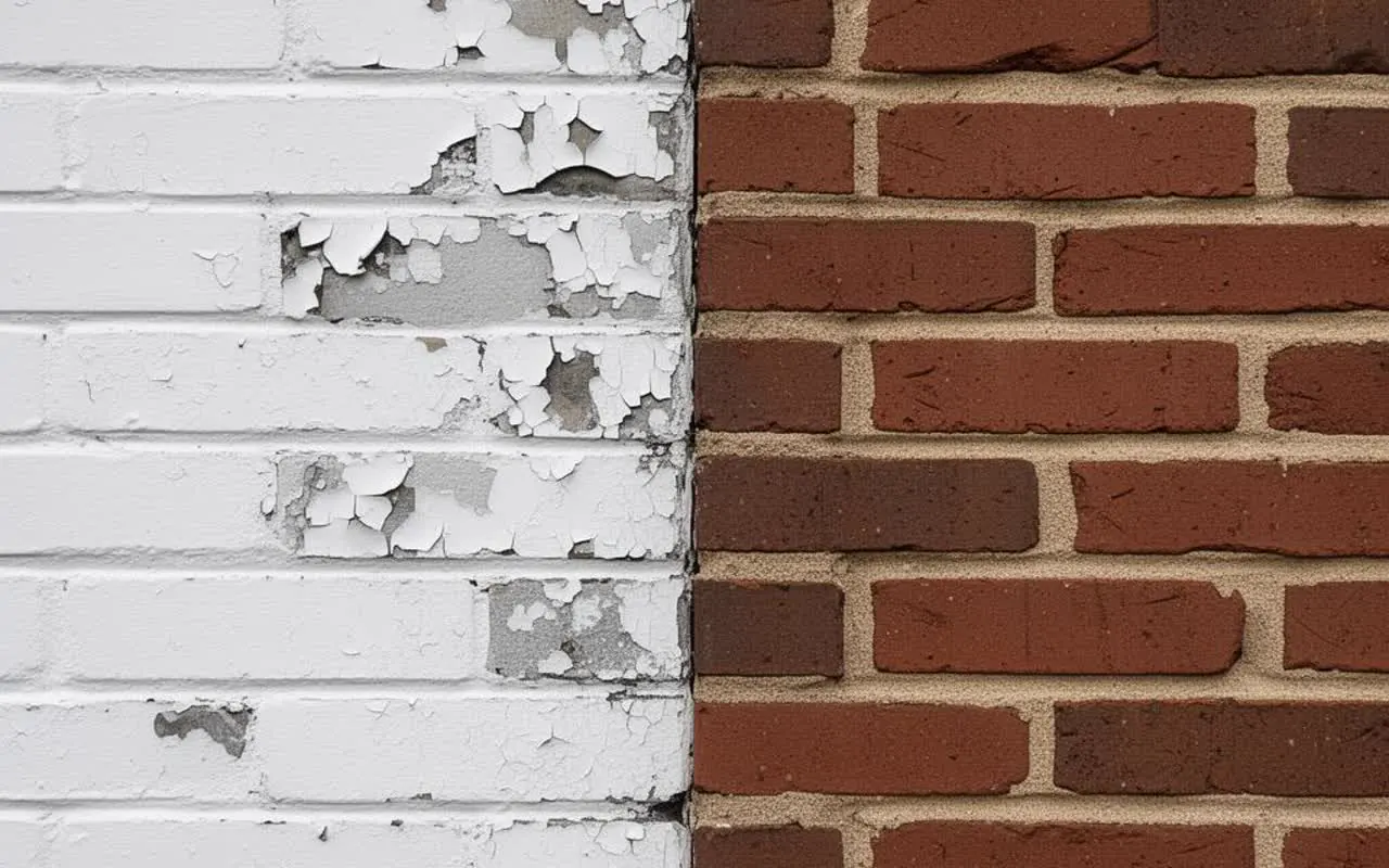 Side-by-side comparison of painted brick with peeling paint and spalling damage next to freshly repointed natural brick on a Connecticut home