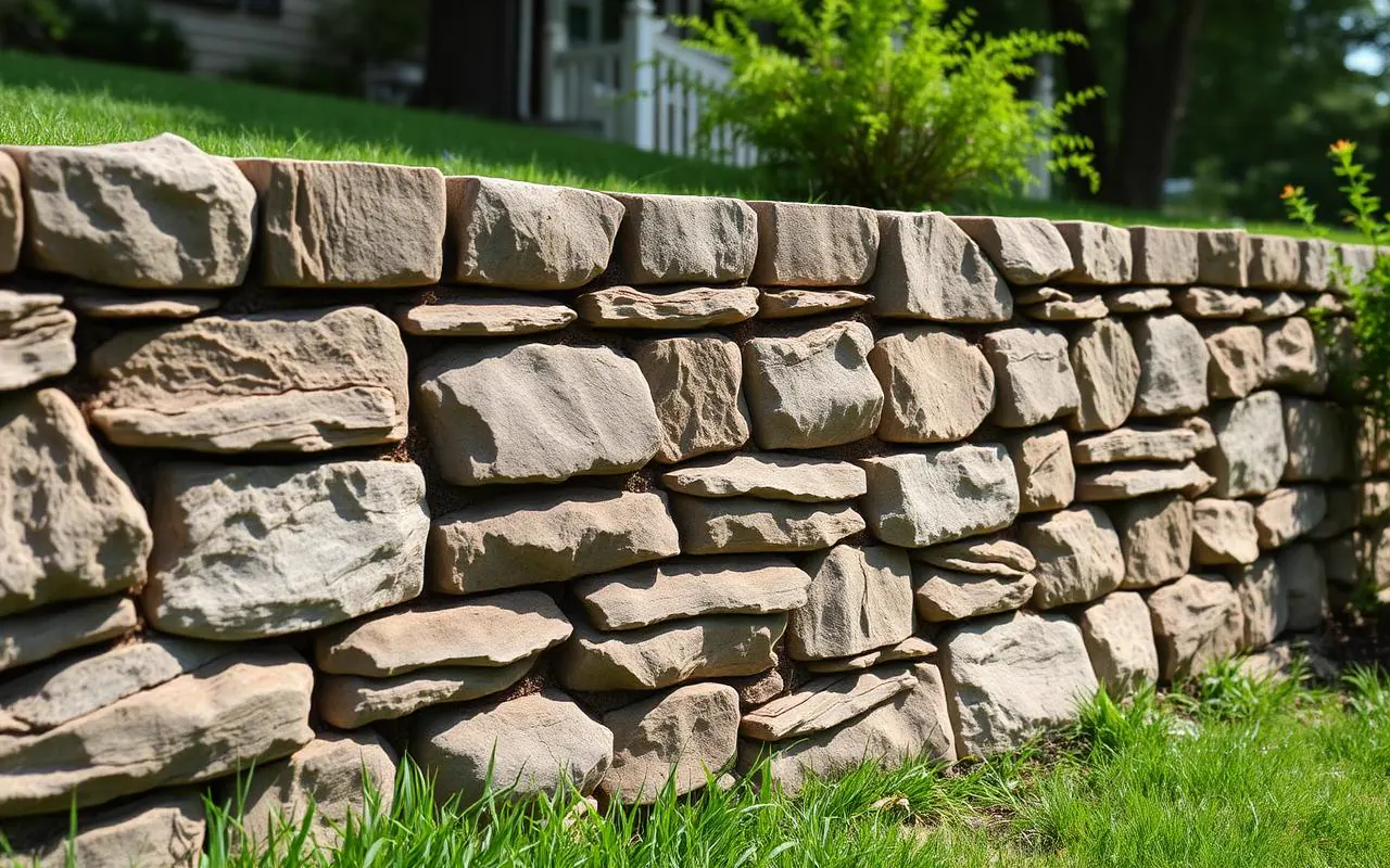Aging stacked stone retaining wall in a New England yard