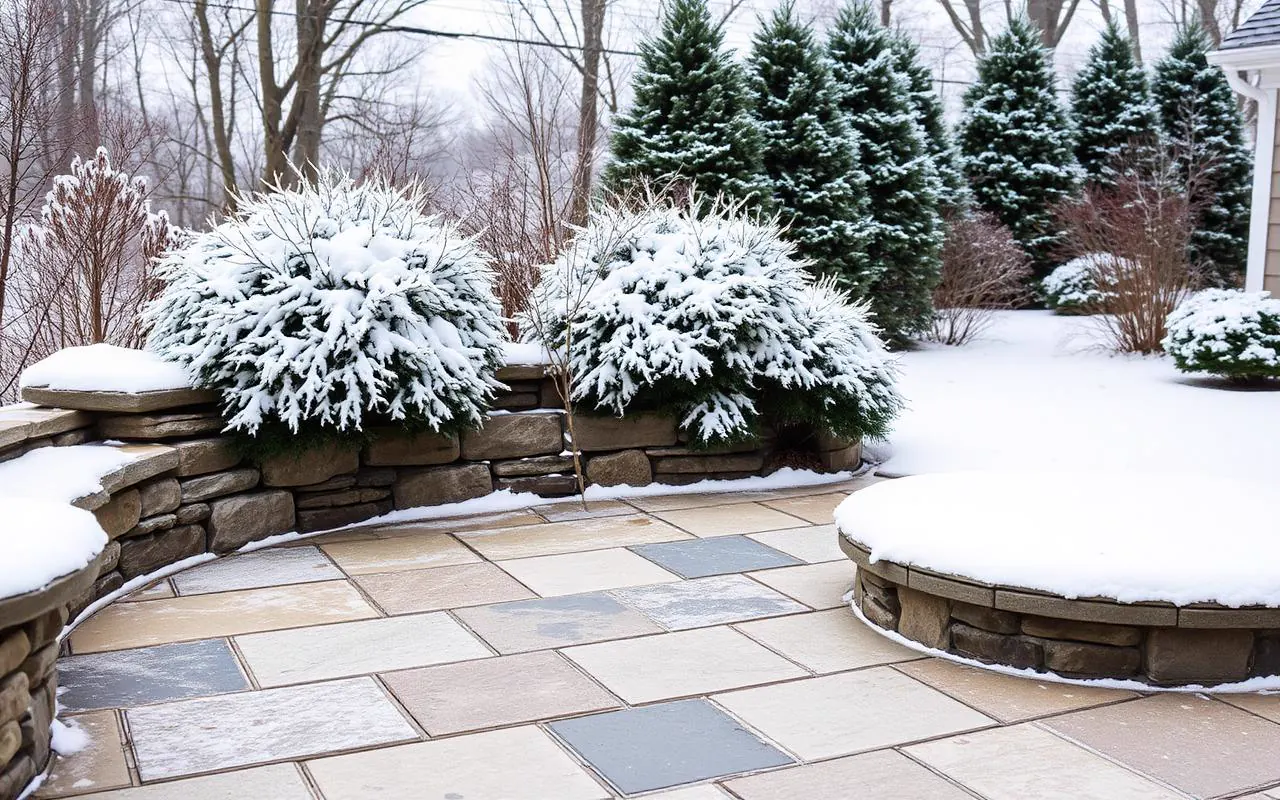 Snow-dusted natural stone patio in a Connecticut backyard in winter