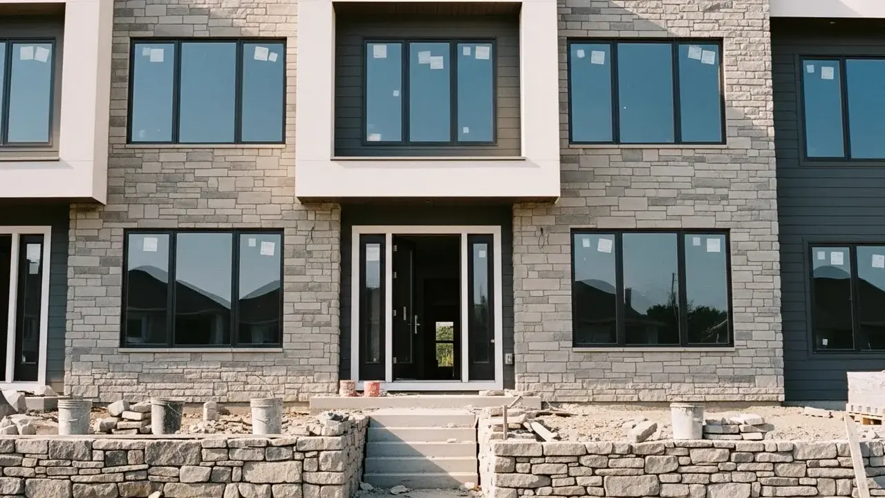 New construction home in Fairfield County with full stone veneer facade and masonry entry steps