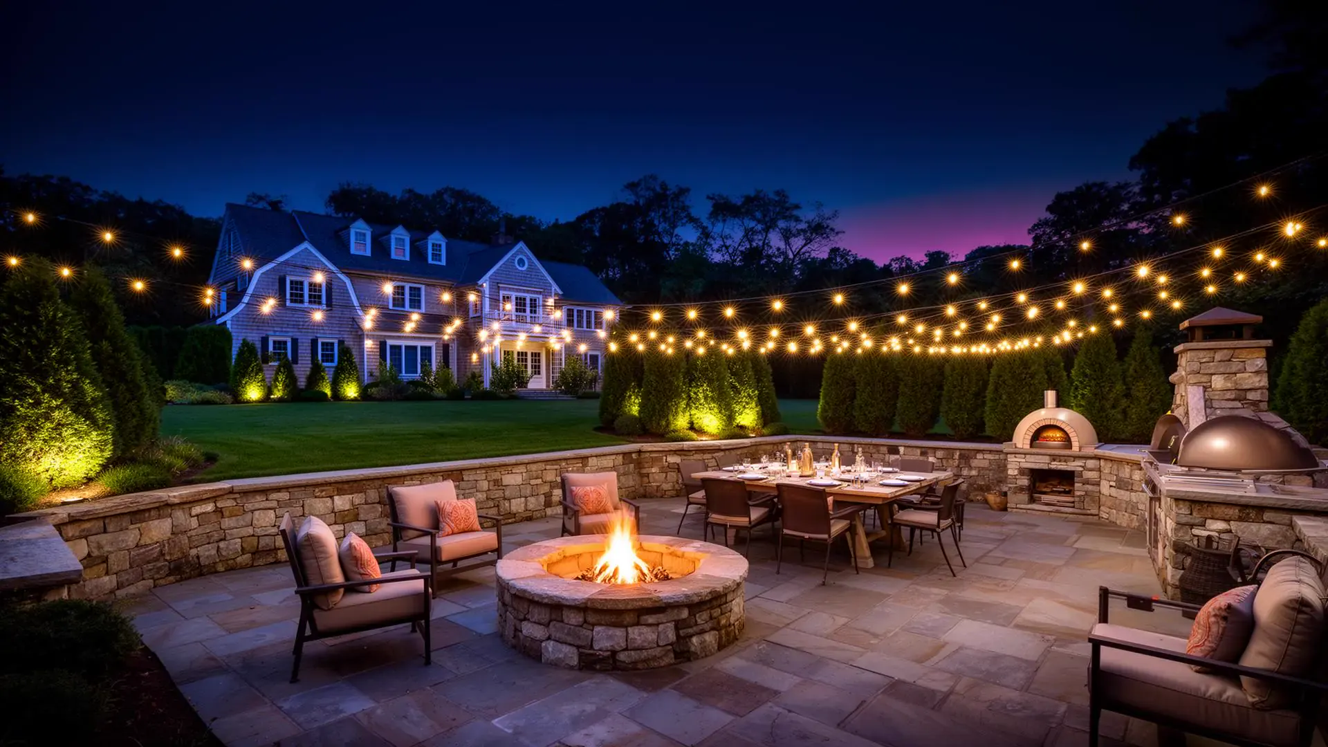 Affluent Connecticut backyard at night with custom flagstone patio, stone fire pit, outdoor kitchen and string lights set up for family entertainment