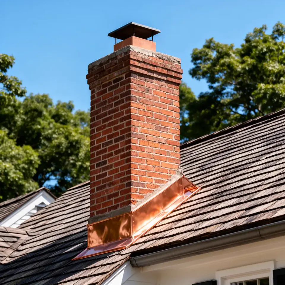 Freshly repointed brick chimney with copper flashing on a Connecticut colonial roof