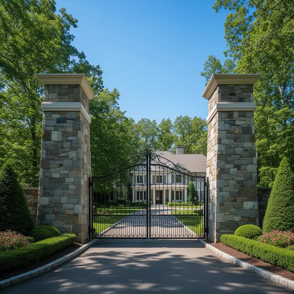 Pair of custom natural stone columns flanking the entry of a Connecticut estate driveway