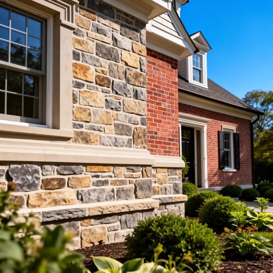 Restored masonry stonework on the foundation and exterior wall of an upscale Connecticut home
