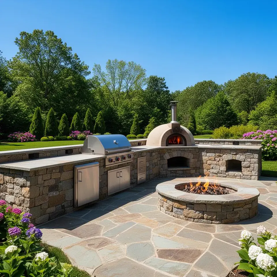 Custom outdoor stone kitchen with built-in grill, pizza oven and stone fire pit on a flagstone patio