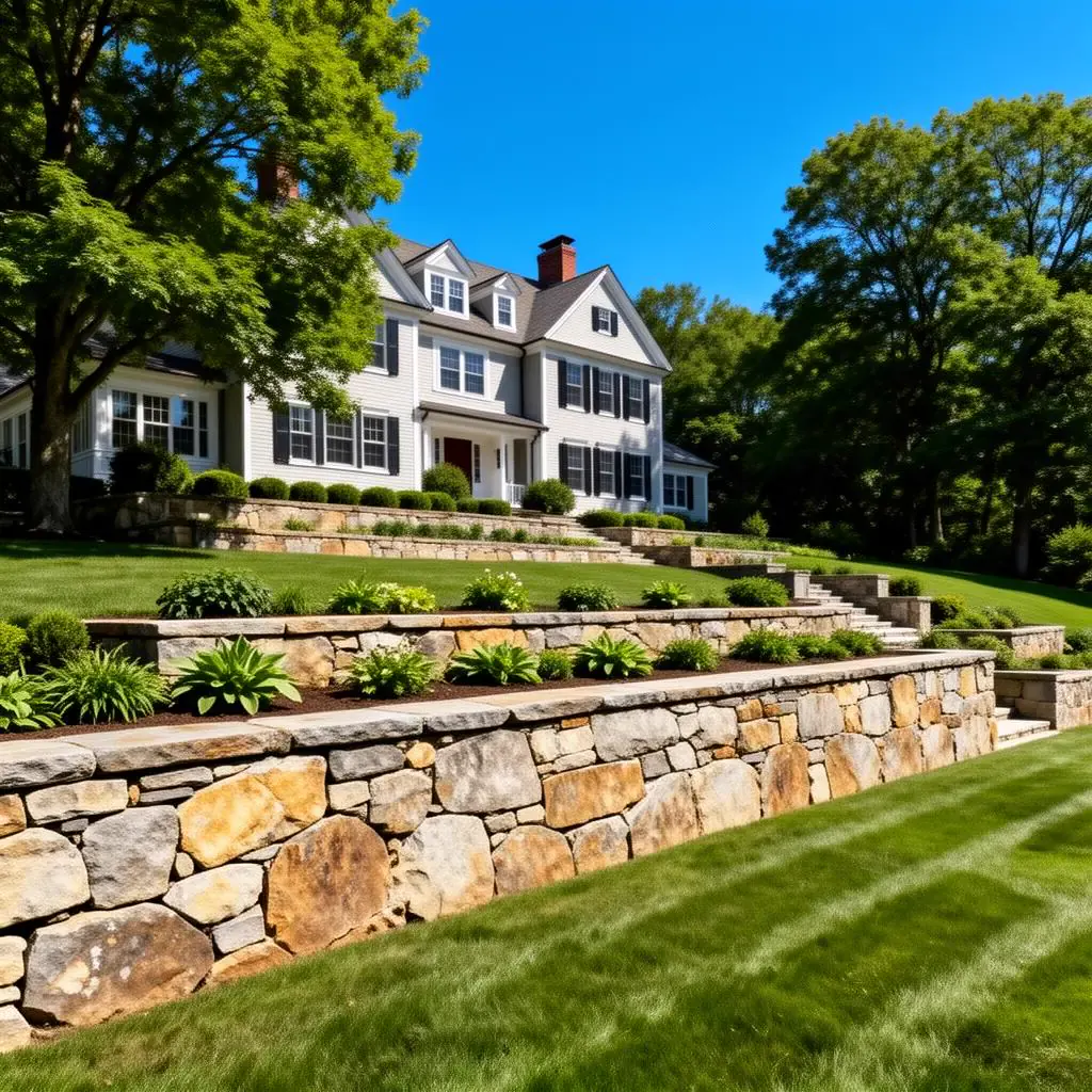 Tiered natural stone retaining wall in the front yard of a New England Connecticut home