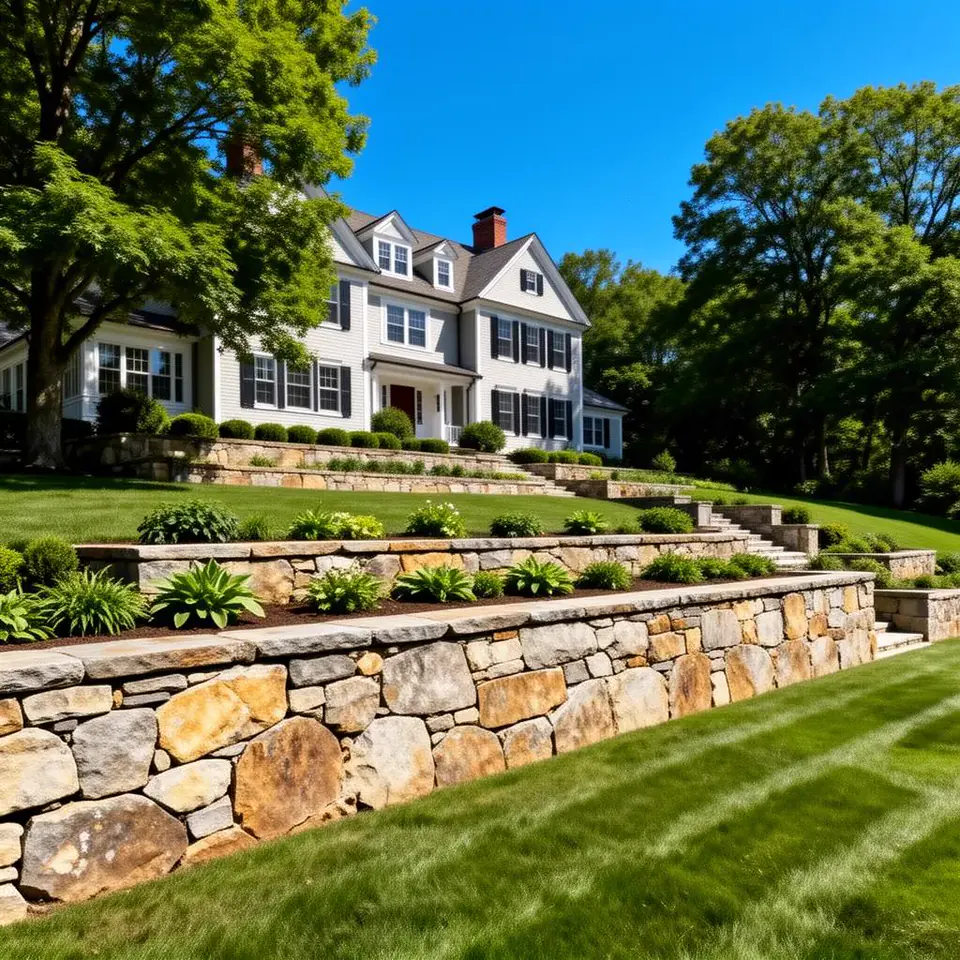 Tiered natural stone retaining wall in the front yard of a New England Connecticut home