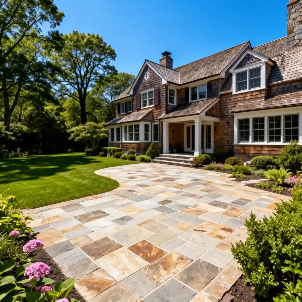 Custom natural stone and paver patio at an upscale Connecticut shingle-style home
