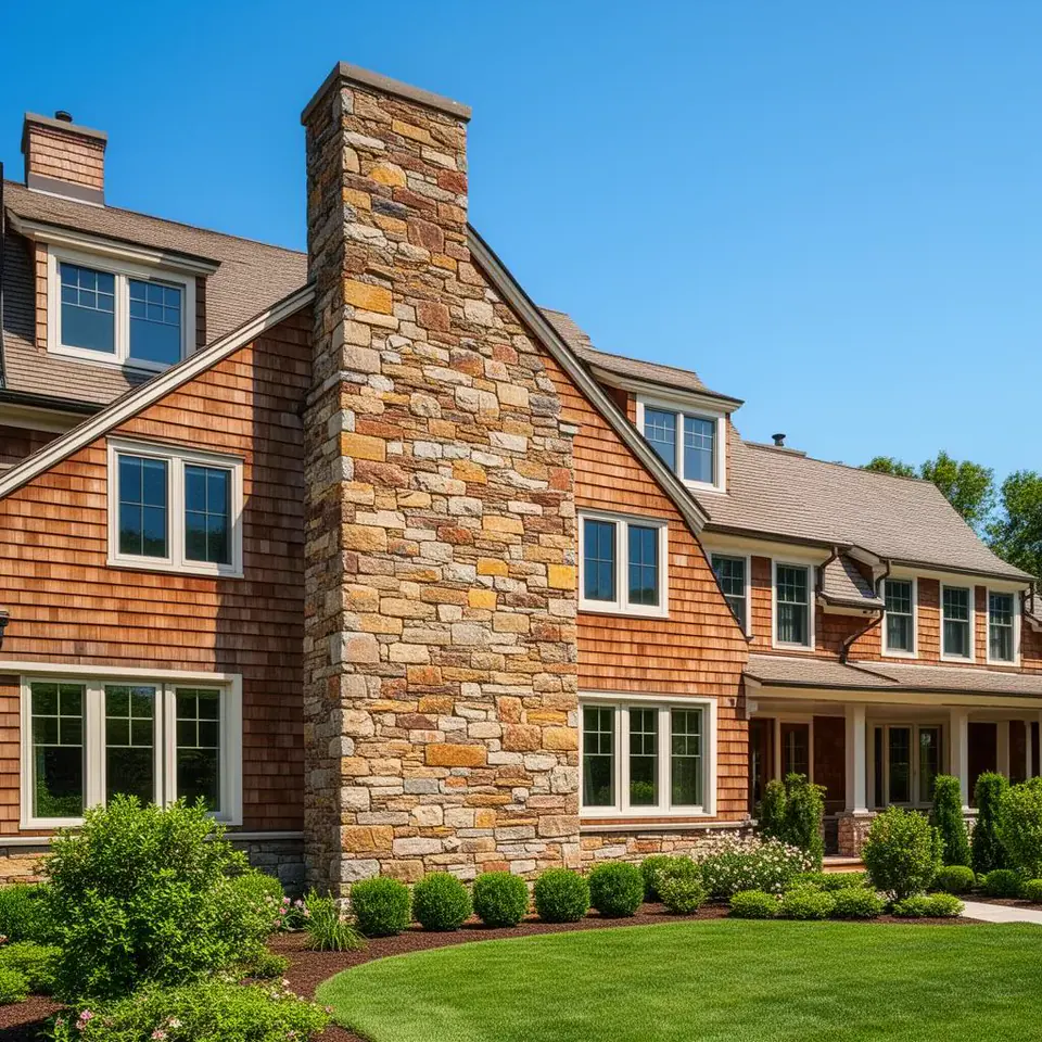 Natural ledgestone veneer cladding on the facade and chimney of a Connecticut shingle-style home