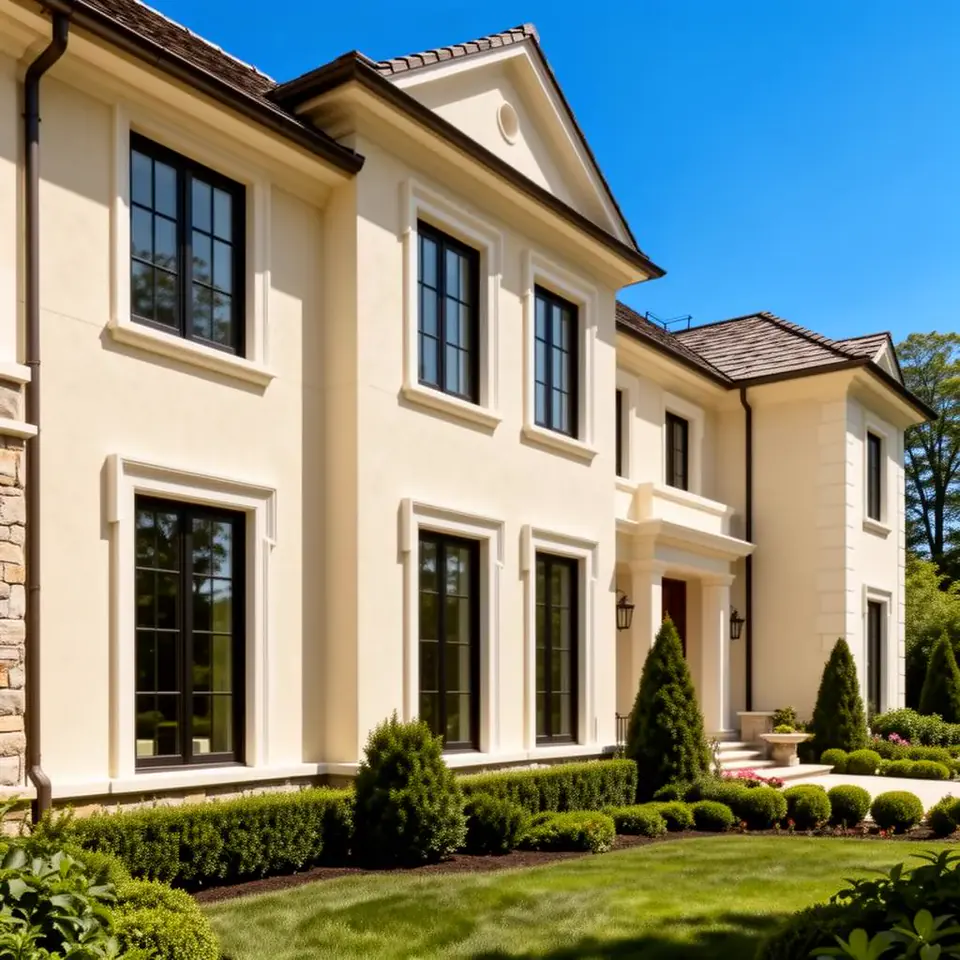 Cream-colored stucco exterior on an upscale Mediterranean-influenced Connecticut home