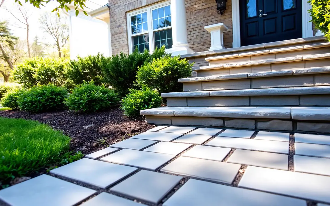 Natural stone walkway and entry steps leading to an upscale Connecticut shingle-style home